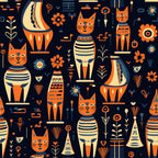 navy blue, orange, cream, gold, teal blue, egyptian cat, cat faces, celestial, moon, flowers, geometric, striped, bohemian, whimsical, ancient egypt, pharaoh, cat heads, decorative patterns, modern, playful, kids, children's, nursery, animal theme, retro, vintage inspired, cultural, tribal patterns, art deco, statement print