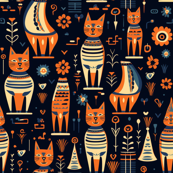 navy blue, orange, cream, gold, teal blue, egyptian cat, cat faces, celestial, moon, flowers, geometric, striped, bohemian, whimsical, ancient egypt, pharaoh, cat heads, decorative patterns, modern, playful, kids, children's, nursery, animal theme, retro, vintage inspired, cultural, tribal patterns, art deco, statement print