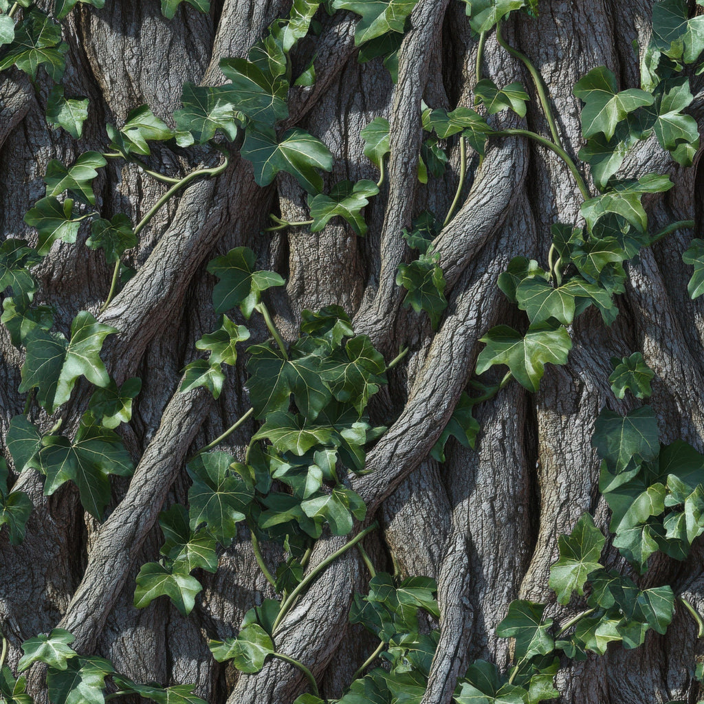 forest green, brown bark, ivy leaves, climbing vines, tree trunks, nature camouflage, woodland pattern, realistic foliage, outdoor hunting, earth tones, botanical design,, fabric panel, camouflage print, natural textures, forest scene, green leaves, bark texture, hunting camo, wilderness theme