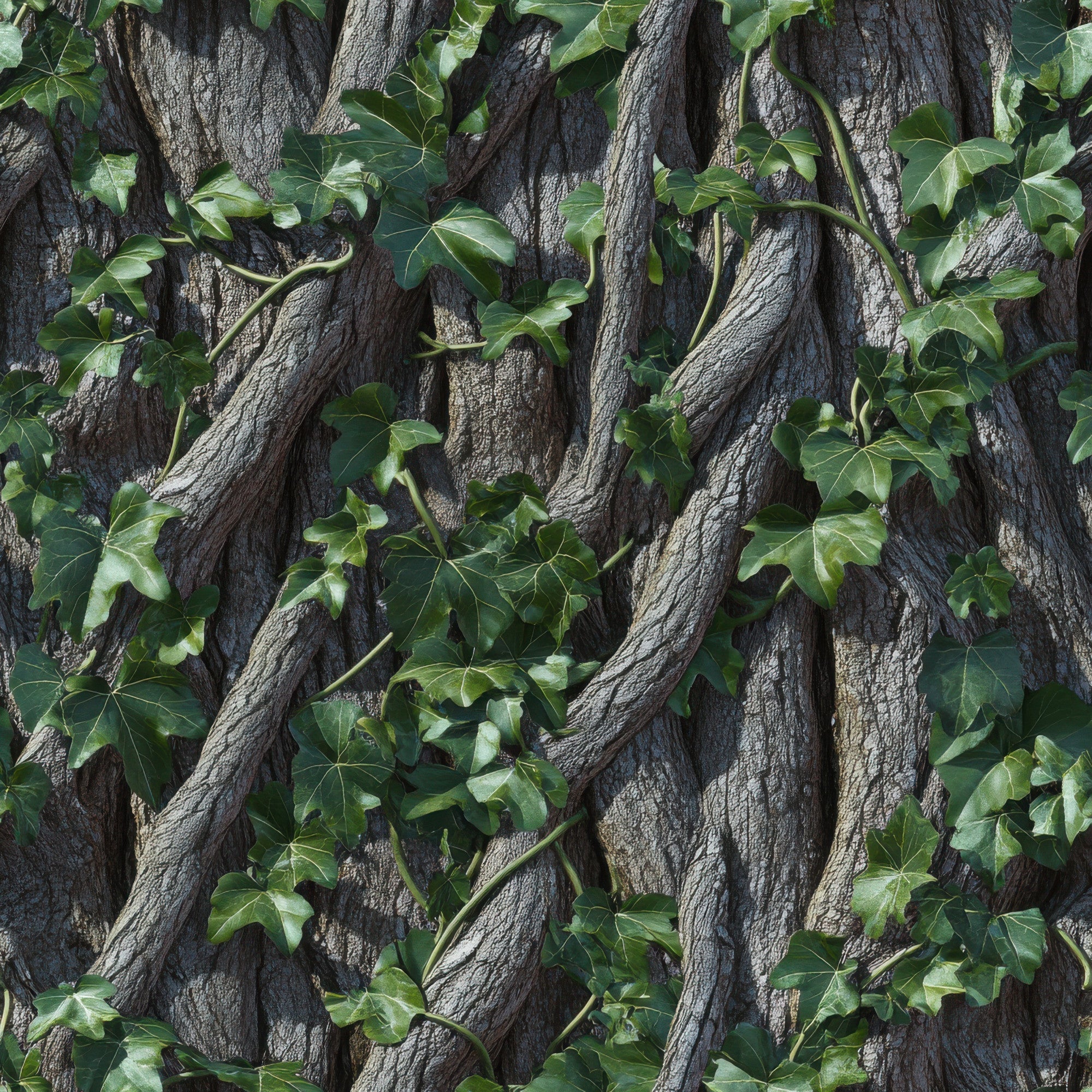 forest green, brown bark, ivy leaves, climbing vines, tree trunks, nature camouflage, woodland pattern, realistic foliage, outdoor hunting, earth tones, botanical design,, fabric panel, camouflage print, natural textures, forest scene, green leaves, bark texture, hunting camo, wilderness theme