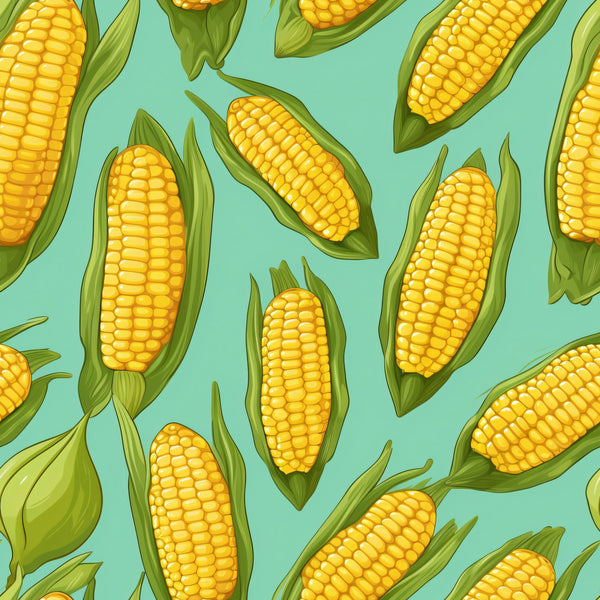 corn pattern, yellow kernels, green husks, turquoise background, mint green, golden yellow, vegetable motif, farm theme, harvest design,, fabric panel, agricultural pattern, food illustration, scattered corn cobs, bright colors, summer produce, botanical design, kitchen theme, gardening motif