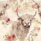 highland cattle, cream background, floral elements, pink flowers, purple blooms, watercolor style, shaggy fur, horned cattle, botanical pattern,, fabric panel, pastoral theme, soft colors, muted tones, farmyard animals, gentle mood, long-haired cows, scattered florals, neutral palette, rustic charm