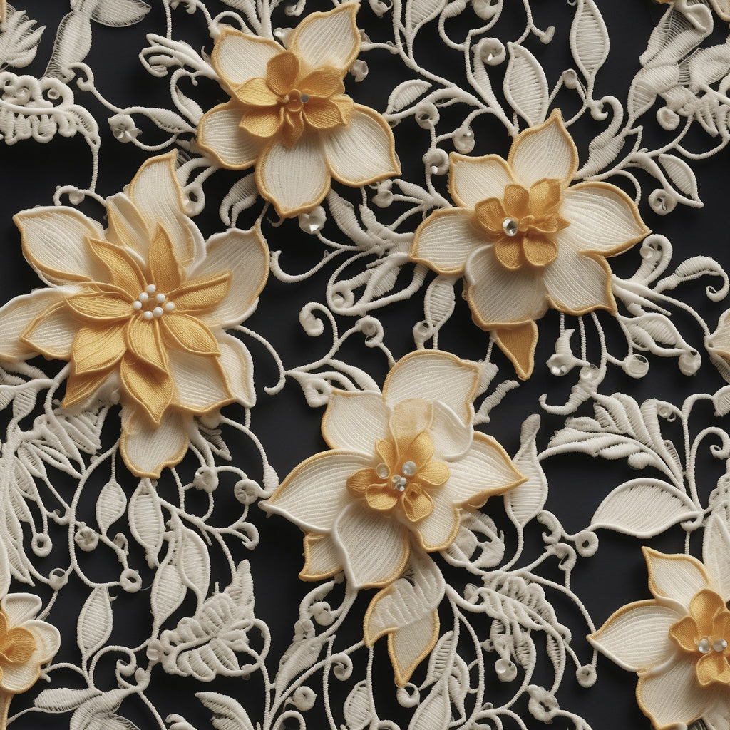 cream, beige, golden yellow, black background, floral embroidery, dimensional flowers, layered petals, lace applique,, fabric panel, elegant blooms, raised texture, vintage style, intricate details, pearl accents, decorative stitching, luxurious fabric, neutral tones, sophisticated pattern