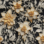 cream, beige, golden yellow, black background, floral embroidery, dimensional flowers, layered petals, lace applique,, fabric panel, elegant blooms, raised texture, vintage style, intricate details, pearl accents, decorative stitching, luxurious fabric, neutral tones, sophisticated pattern