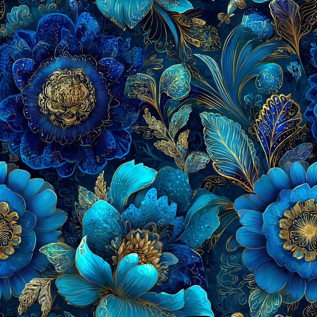 navy blue, turquoise, gold accents, ornamental flowers, decorative blooms, intricate petals, botanical design, luxurious pattern, detailed foliage,, fabric panel, floral motifs, elegant styling, rich blues, metallic highlights, layered flowers, decorative leaves, sophisticated design, ornate pattern, textile art