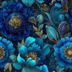 navy blue, turquoise, gold accents, ornamental flowers, decorative blooms, intricate petals, botanical design, luxurious pattern, detailed foliage,, fabric panel, floral motifs, elegant styling, rich blues, metallic highlights, layered flowers, decorative leaves, sophisticated design, ornate pattern, textile art