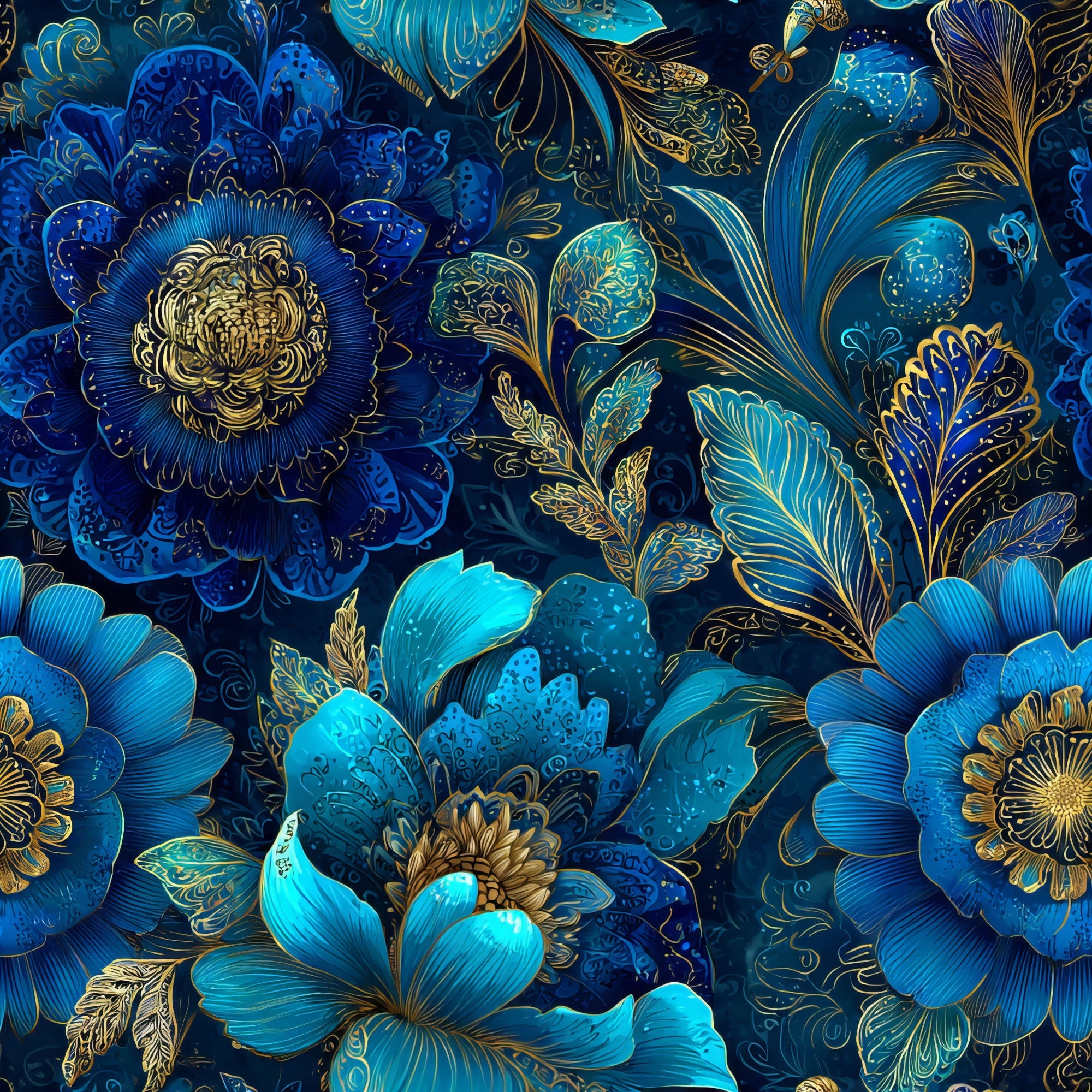 navy blue, turquoise, gold accents, ornamental flowers, decorative blooms, intricate petals, botanical design, luxurious pattern, detailed foliage,, fabric panel, floral motifs, elegant styling, rich blues, metallic highlights, layered flowers, decorative leaves, sophisticated design, ornate pattern, textile art