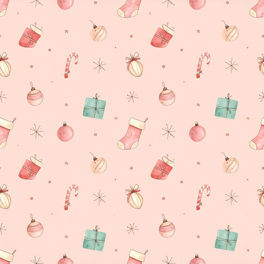blush pink, dusty rose, soft pink, cream, mint green, sage green, pastel, christmas, holiday, festive, candy cane, ornaments, baubles, stockings, gifts, presents, stars, snowflakes, whimsical, playful, cheerful, nursery, kids room, baby shower, winter, seasonal, vintage holiday, retro christmas, cute, charming