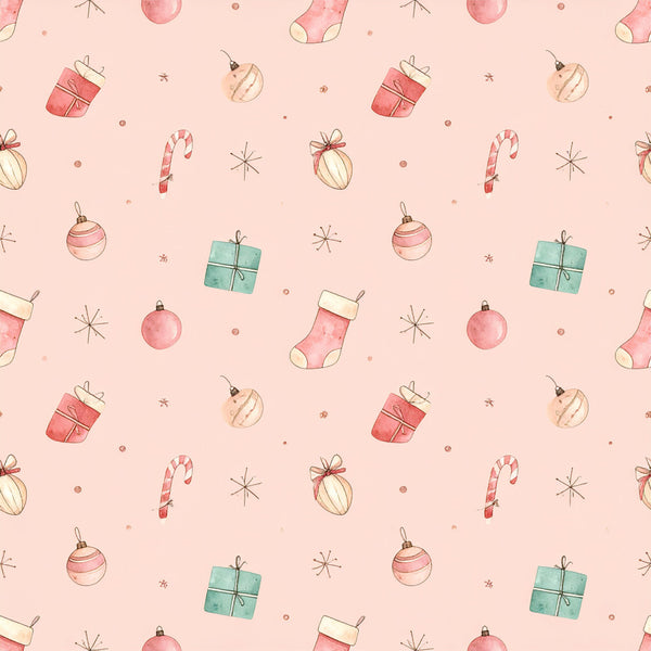 blush pink, dusty rose, soft pink, cream, mint green, sage green, pastel, christmas, holiday, festive, candy cane, ornaments, baubles, stockings, gifts, presents, stars, snowflakes, whimsical, playful, cheerful, nursery, kids room, baby shower, winter, seasonal, vintage holiday, retro christmas, cute, charming