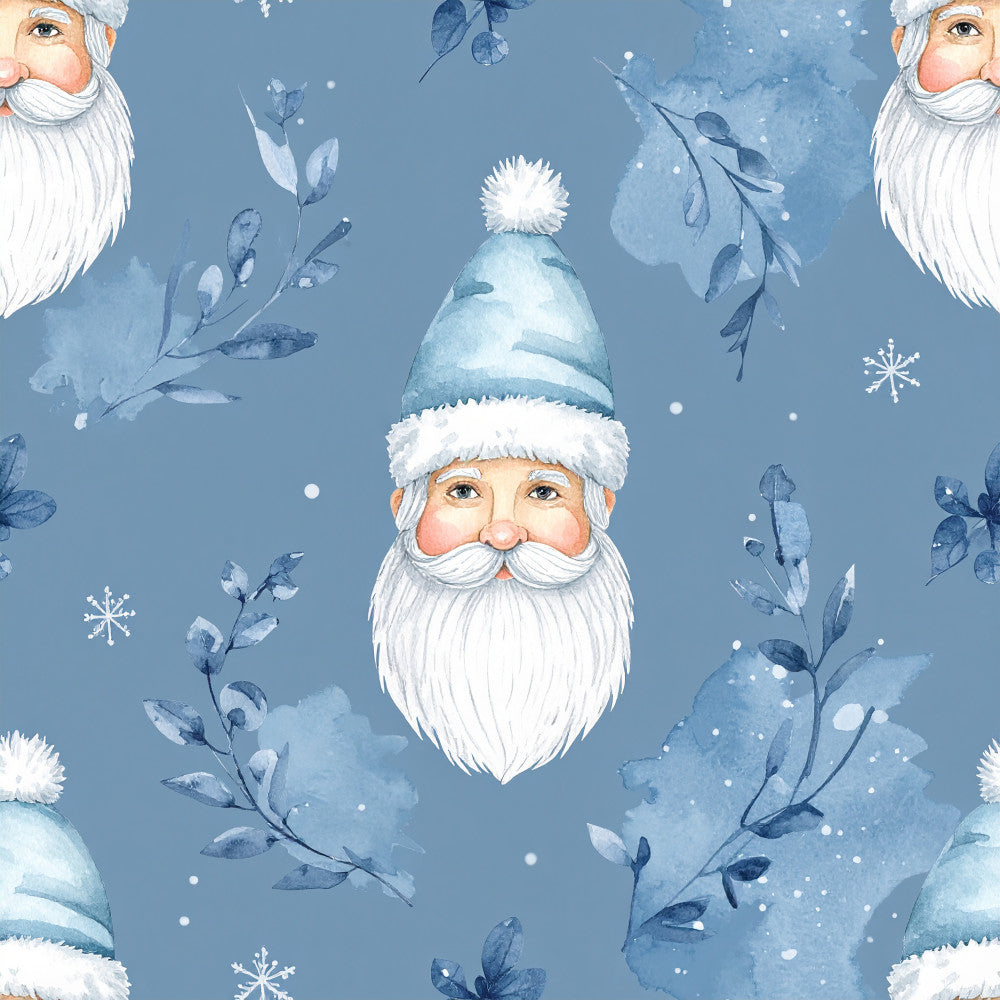 slate blue, powder blue, soft blue, winter blue, white, cream, dusty blue, sage green, holiday, christmas, winter, gnome, santa, bearded faces, botanical, leaves, branches, snowflakes, festive, whimsical, magical, children's, kids, baby, nursery, playroom, seasonal, frost, snowy, charming