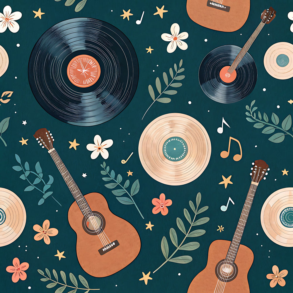 teal, coral, rust orange, cream, navy blue, forest green, sage green, music themed, guitars, vinyl records, floral, stars, musical notes, boho, whimsical, vintage, retro, bohemian, playroom, kids room, music lover, musical instruments, acoustic guitar, record player, flowers, leaves, nature inspired, artistic, creative