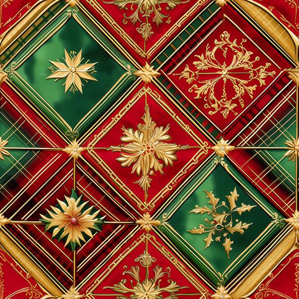red, green, gold, christmas, holiday,, fabric panel, diamond pattern, geometric design, ornate motifs, decorative stars, flourishes, baroque elements, metallic accents, festive, seasonal, coordinating colors, repeating pattern, cotton fabric, craft material