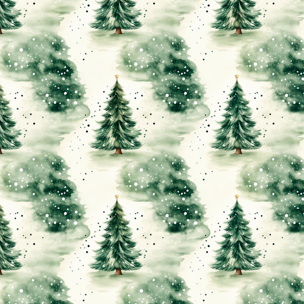 forest green, sage green, cream, white, gold star, watercolor, abstract, nature, holiday, christmas, winter, evergreen trees, snowy, festive, elegant, whimsical, rustic, traditional, tree motif, coniferous trees, snow sparkle, bokeh, magical, seasonal, december, pine trees, metallic accents, soft aesthetic, cozy