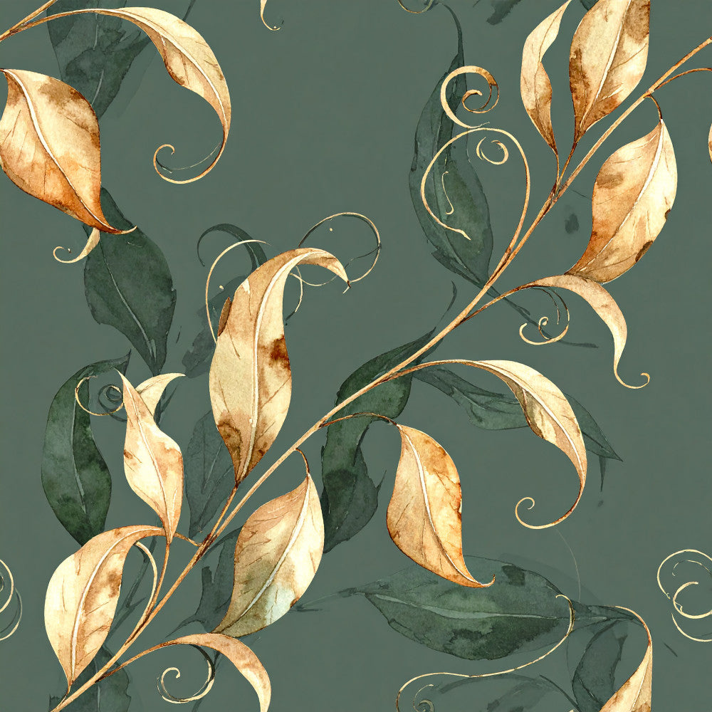sage green, muted teal, cream, golden brown, tan, botanical, floral, vine, climbing leaves, curling tendrils, nature-inspired, elegant, vintage, sophisticated, autumn, fall, earthy tones, trailing branches, decorative leaves, traditional, classic, home decor, upholstery, elegant botanical, natural elements, warm and cool tones, watercolor style