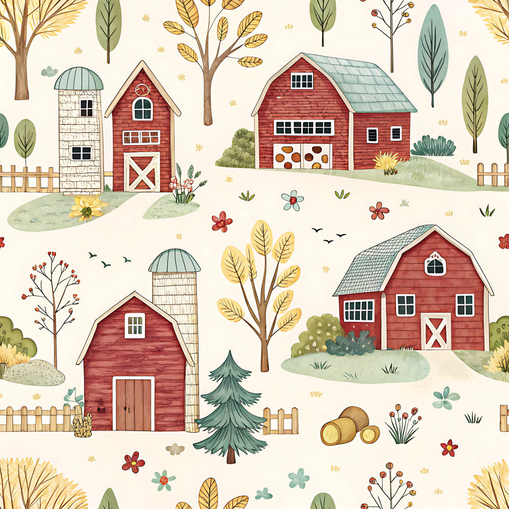 red barn, farmhouse, autumn, fall, countryside, rural, harvest, trees, flowers, wooden fence, silos, pastoral, whimsical, storybook, children's, kids, nursery, playroom, cream beige, forest green, barn red, golden yellow, rustic, vintage, nature, seasonal, toile, pastoral scenes, agricultural, farm animals theme