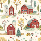 red barn, farmhouse, autumn, fall, countryside, rural, harvest, trees, flowers, wooden fence, silos, pastoral, whimsical, storybook, children's, kids, nursery, playroom, cream beige, forest green, barn red, golden yellow, rustic, vintage, nature, seasonal, toile, pastoral scenes, agricultural, farm animals theme