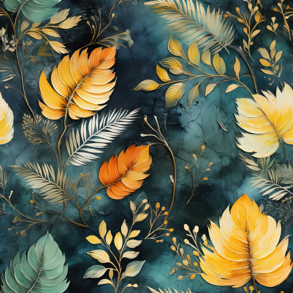 teal blue, golden yellow, orange, cream, tropical leaves, palm fronds, feathers, botanical pattern, watercolor style, autumn colors,, fabric panel, nature motif, organic shapes, warm tones, cool blues, flowing design, tropical theme, artistic illustration, craft fabric