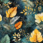 teal blue, golden yellow, orange, cream, tropical leaves, palm fronds, feathers, botanical pattern, watercolor style, autumn colors,, fabric panel, nature motif, organic shapes, warm tones, cool blues, flowing design, tropical theme, artistic illustration, craft fabric