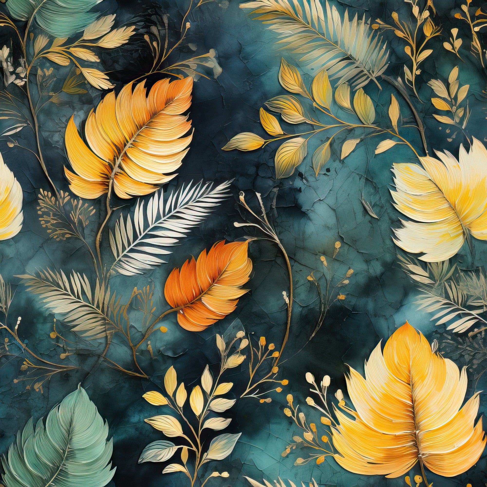 teal blue, golden yellow, orange, cream, tropical leaves, palm fronds, feathers, botanical pattern, watercolor style, autumn colors,, fabric panel, nature motif, organic shapes, warm tones, cool blues, flowing design, tropical theme, artistic illustration, craft fabric