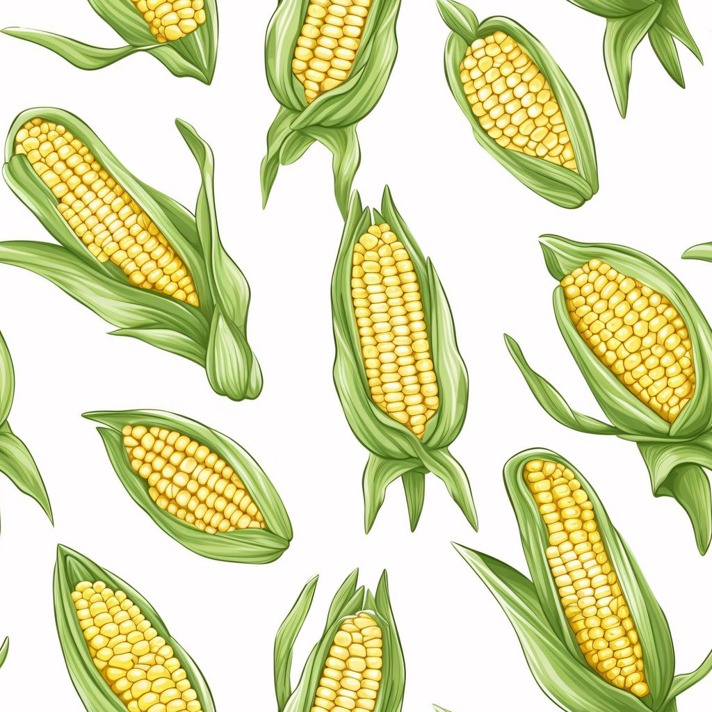 yellow corn, golden kernels, green husks, corn cobs, vegetable pattern, harvest theme, farm produce, botanical design, food illustration,, fabric panel, summer crops, agricultural motif, realistic style, scattered layout, natural colors, garden vegetables, corn stalks, fresh produce, farming theme