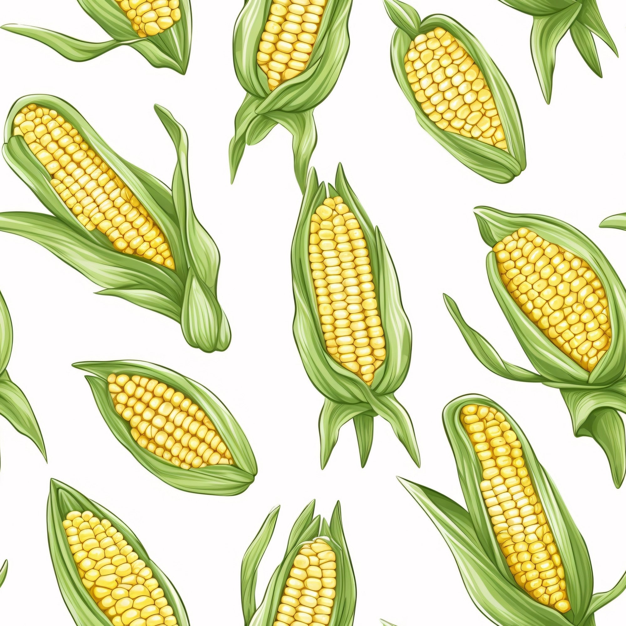 yellow corn, golden kernels, green husks, corn cobs, vegetable pattern, harvest theme, farm produce, botanical design, food illustration,, fabric panel, summer crops, agricultural motif, realistic style, scattered layout, natural colors, garden vegetables, corn stalks, fresh produce, farming theme