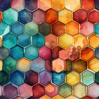 watercolor, honeycomb pattern, hexagonal cells, geometric design, rainbow colors, turquoise, coral, orange, yellow, purple, blue, green, ombre effect, gradient colors, abstract art, modern pattern,, fabric panel, vibrant hues, artistic style