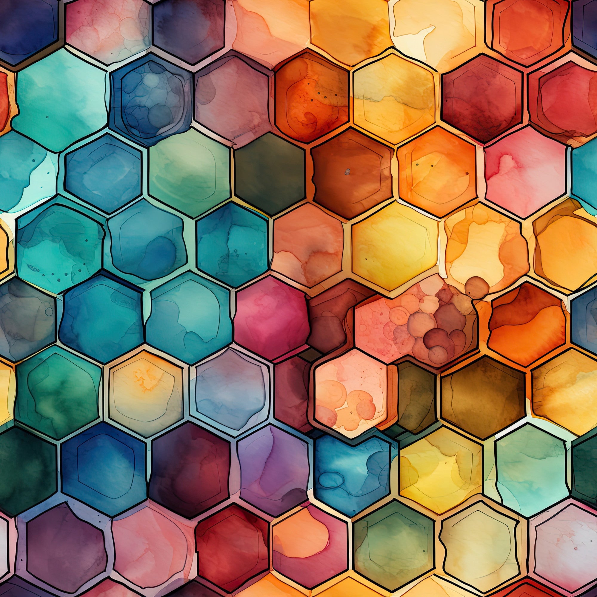 watercolor, honeycomb pattern, hexagonal cells, geometric design, rainbow colors, turquoise, coral, orange, yellow, purple, blue, green, ombre effect, gradient colors, abstract art, modern pattern,, fabric panel, vibrant hues, artistic style