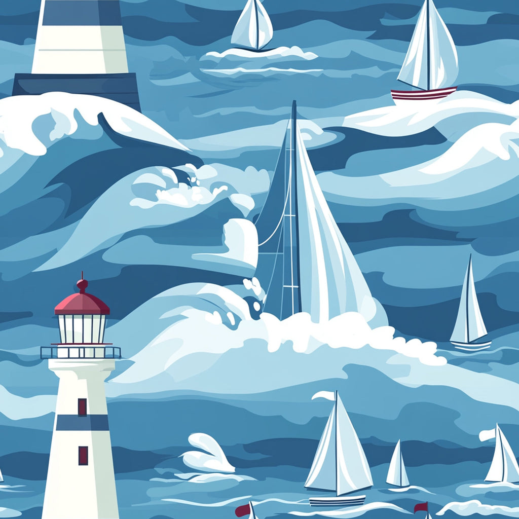 navy blue, light blue, white, red accents, lighthouse, sailboats, ocean waves, nautical theme, maritime scene, coastal design, stylized illustration, geometric waves,, fabric panel, sailing vessels, seascape, marine motif, contemporary art style, repetitive pattern, boat hulls