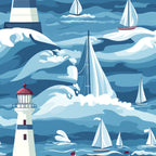 navy blue, light blue, white, red accents, lighthouse, sailboats, ocean waves, nautical theme, maritime scene, coastal design, stylized illustration, geometric waves,, fabric panel, sailing vessels, seascape, marine motif, contemporary art style, repetitive pattern, boat hulls