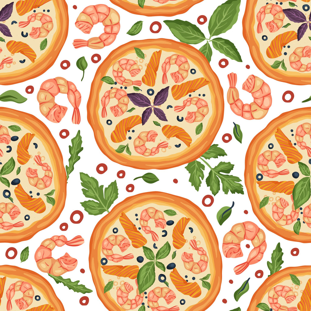pizza pattern, seafood pizza, shrimp toppings, salmon slices, basil leaves, orange crust, coral pink, forest green, cream background, food illustration, italian cuisine, kitchen theme, cooking motif,, fabric panel, cheerful design, culinary art, restaurant theme, appetizing colors, seamless repeat