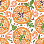 pizza pattern, seafood pizza, shrimp toppings, salmon slices, basil leaves, orange crust, coral pink, forest green, cream background, food illustration, italian cuisine, kitchen theme, cooking motif,, fabric panel, cheerful design, culinary art, restaurant theme, appetizing colors, seamless repeat