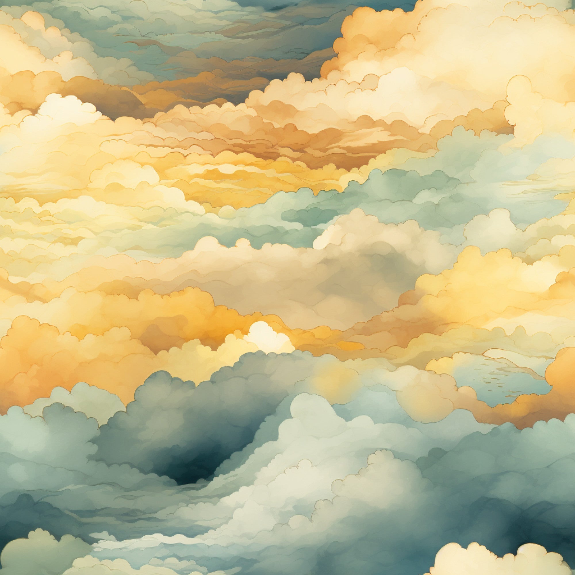 sunset colors, golden yellow, soft orange, sage green, blue-gray, cream white, cloud formations, sky scene, atmospheric design, dreamy mood, layered clouds, horizon view, evening sky, warm tones, cool tones,, fabric panel, nature inspired, peaceful scene, gradient effect, soft blend, artistic style