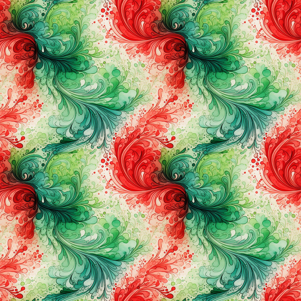 watercolor, christmas swirls, red, green, teal, emerald, coral, festive pattern, flowing design, ornamental swirls, holiday motifs, decorative flourishes,, fabric panel, seasonal fabric, winter colors, artistic brushstrokes, repeating pattern, crafting material, holiday sewing