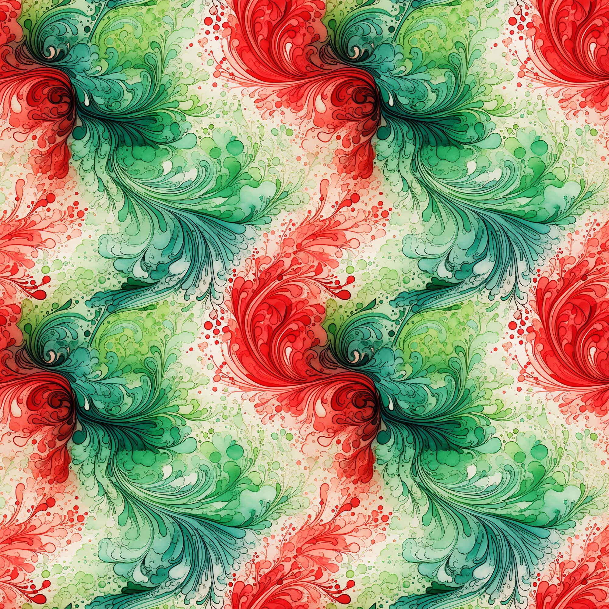 watercolor, christmas swirls, red, green, teal, emerald, coral, festive pattern, flowing design, ornamental swirls, holiday motifs, decorative flourishes,, fabric panel, seasonal fabric, winter colors, artistic brushstrokes, repeating pattern, crafting material, holiday sewing