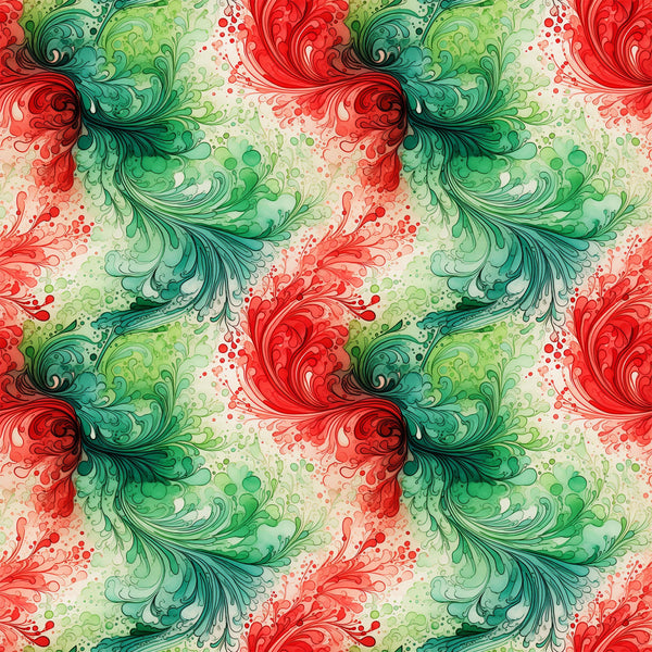 watercolor, christmas swirls, red, green, teal, emerald, coral, festive pattern, flowing design, ornamental swirls, holiday motifs, decorative flourishes,, fabric panel, seasonal fabric, winter colors, artistic brushstrokes, repeating pattern, crafting material, holiday sewing