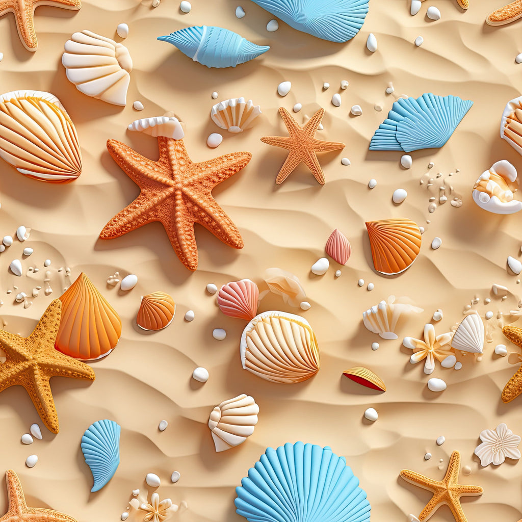 beach theme, seashells, starfish, ocean creatures, sandy beige, coral orange, turquoise blue, white pearls, nautical design, coastal pattern, summer vibes, marine life,, fabric panel, seaside motif, tropical colors, beach treasures, scallop shells, sea stars, ocean elements