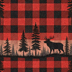 red, black, buffalo plaid, checkered pattern, moose, deer, antlers, evergreen trees, pine trees, forest scene, silhouette, wilderness, outdoor theme,, fabric panel, rustic, cabin style, hunting theme, woodland animals, nature scene