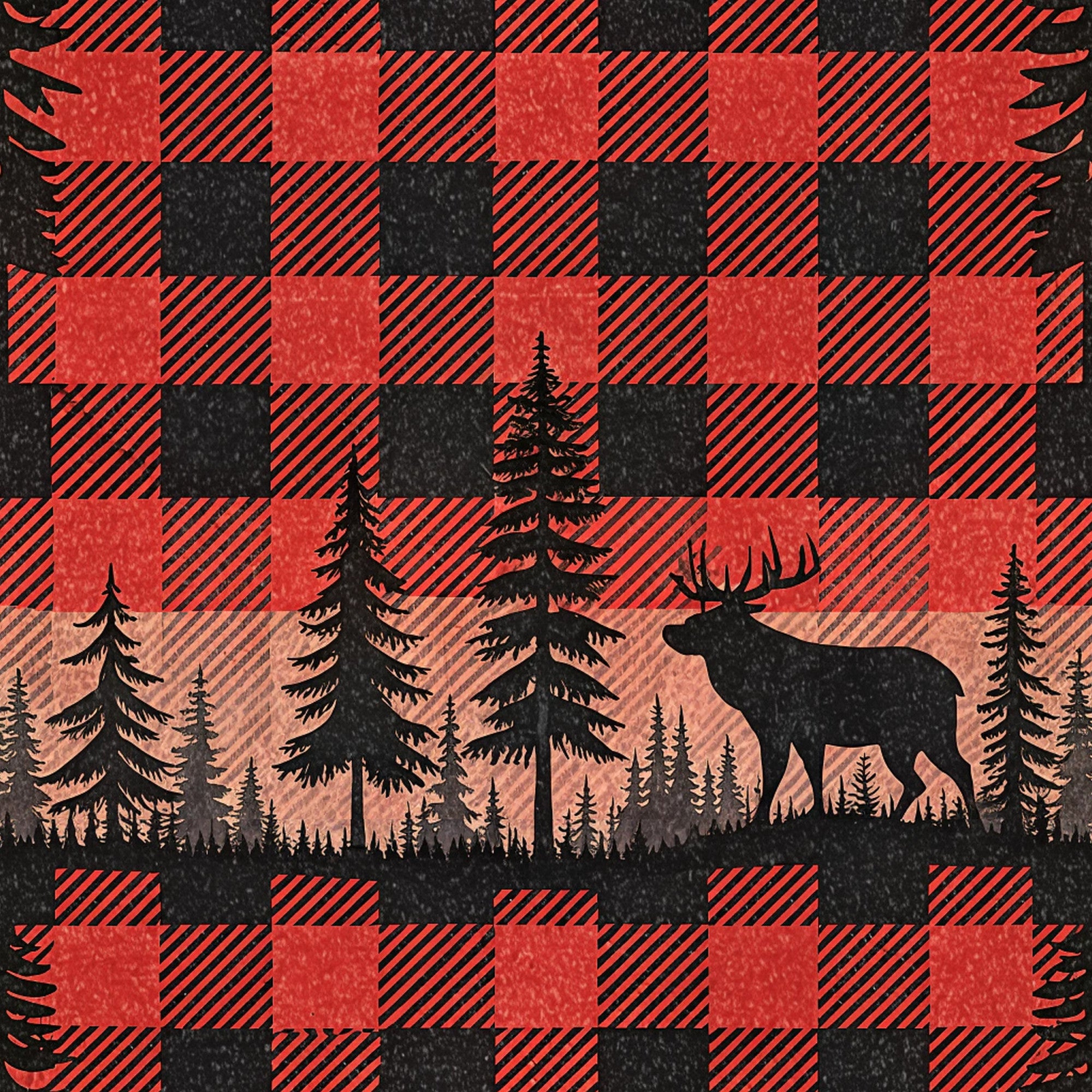 red, black, buffalo plaid, checkered pattern, moose, deer, antlers, evergreen trees, pine trees, forest scene, silhouette, wilderness, outdoor theme,, fabric panel, rustic, cabin style, hunting theme, woodland animals, nature scene
