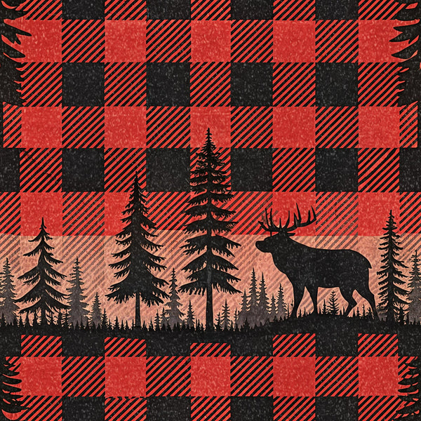 red, black, buffalo plaid, checkered pattern, moose, deer, antlers, evergreen trees, pine trees, forest scene, silhouette, wilderness, outdoor theme,, fabric panel, rustic, cabin style, hunting theme, woodland animals, nature scene