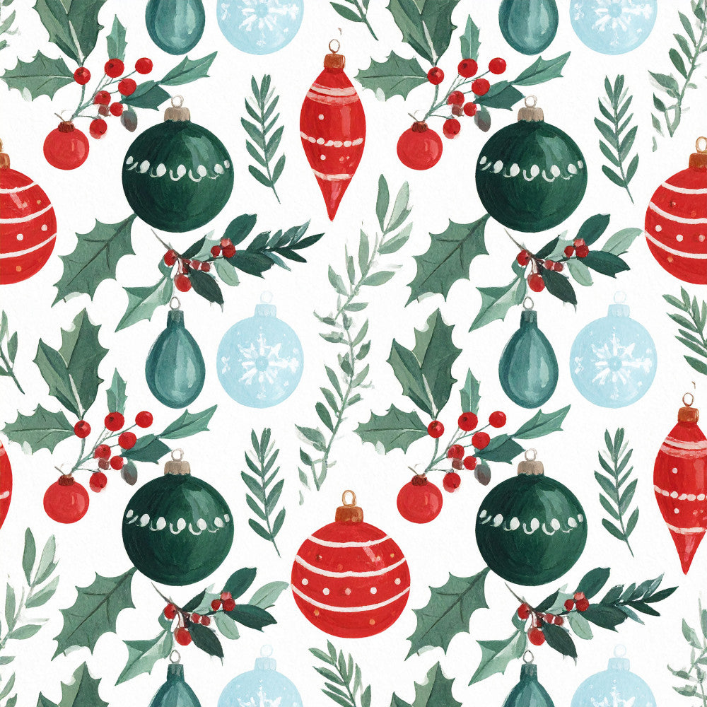 forest green, red, light blue, ivory, christmas, holiday, ornaments, baubles, holly, berries, evergreen branches, festive, traditional, elegant, winter, seasonal, home decor, gift wrapping, botanical, nature-inspired, decorative balls, teardrop ornaments, cone ornaments, striped ornaments, polka dot details, timeless, classic, celebratory