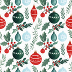 forest green, red, light blue, ivory, christmas, holiday, ornaments, baubles, holly, berries, evergreen branches, festive, traditional, elegant, winter, seasonal, home decor, gift wrapping, botanical, nature-inspired, decorative balls, teardrop ornaments, cone ornaments, striped ornaments, polka dot details, timeless, classic, celebratory