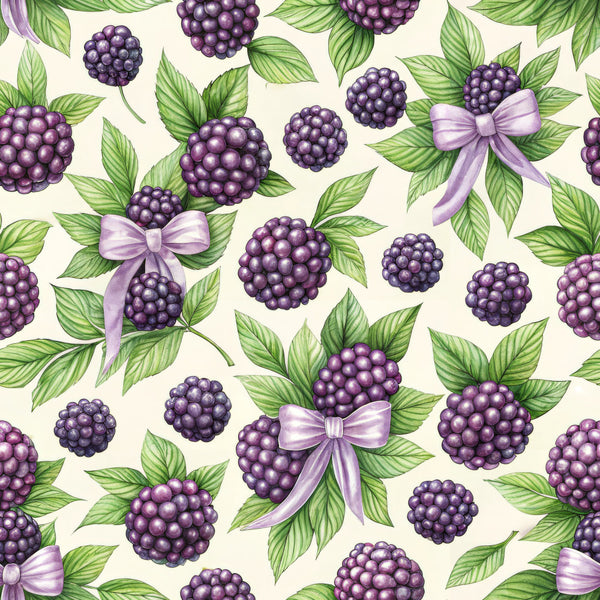 blackberry purple, deep purple, sage green, lavender, cream, nature, botanical, fruit, berries, floral, whimsical, elegant, romantic, bows, ribbons, leaves, blackberries, summer, garden, natural, soft, delicate, vintage, cottage core, farmhouse, sweet, decorative, pattern, detailed illustration