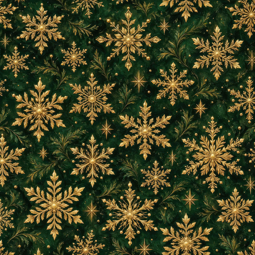 forest green, gold, metallic gold, snowflakes, winter, christmas, holiday, elegant, luxurious, traditional, festive, stars, sparkles, botanical, decorative, vintage, ornamental, glamorous, dark green, golden yellow, celestial, formal, sophisticated, seasonal, festive decor, winter wonderland, jewel tone, ornate