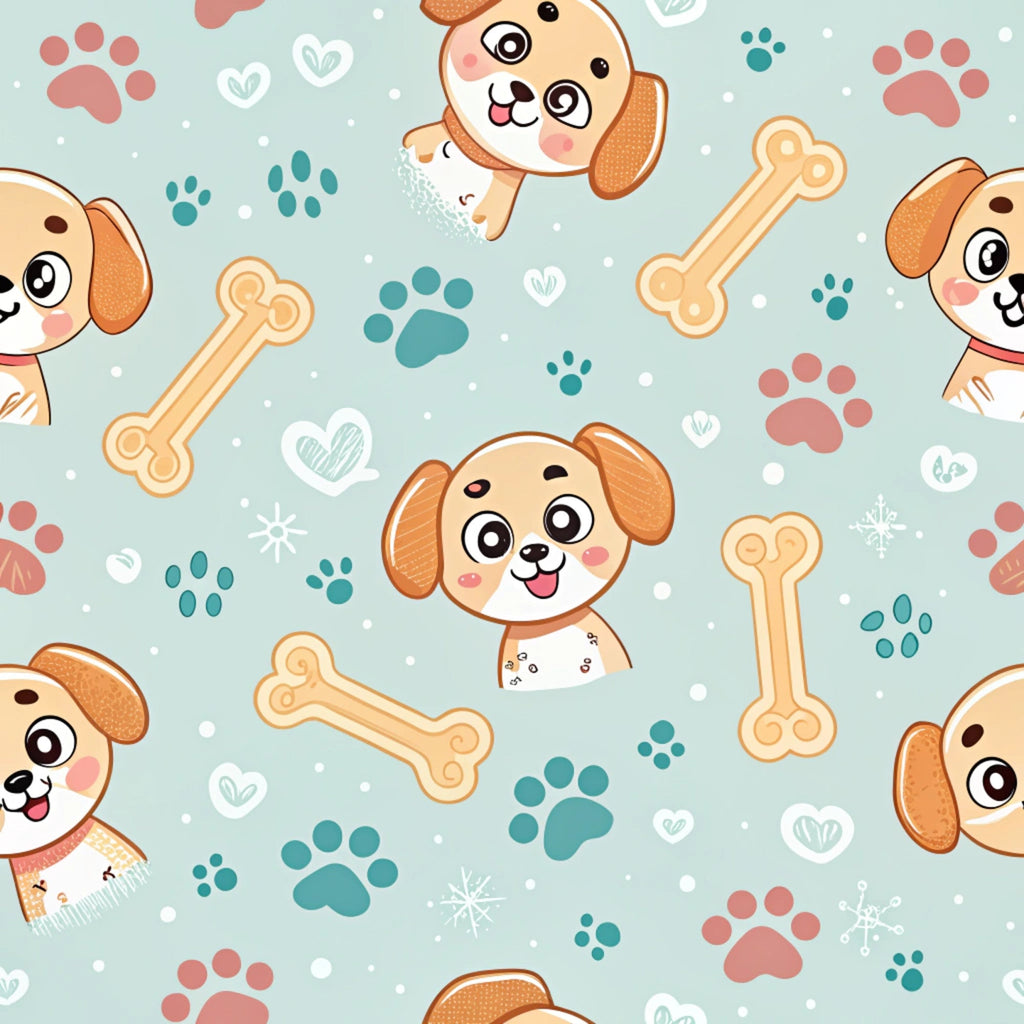 cute dogs, cartoon puppies, paw prints, dog bones, light blue background, coral pink, teal green, cream yellow, kawaii style, adorable faces, repeating pattern,, fabric panel, playful design, pet themed, animal print, hearts, winter snowflakes, cheerful mood, craft fabric