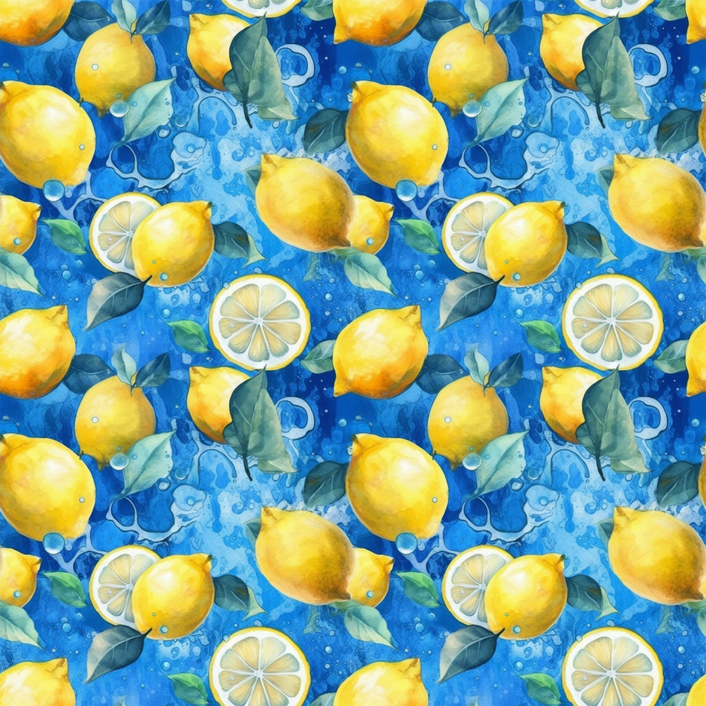 bright yellow, vibrant blue, lemon pattern, citrus fruits, lemon slices, green leaves, water bubbles, splash effect, watercolor style, repeating pattern,, fabric panel, fresh citrus, summer theme, bright colors, fruit motif, botanical elements, cheerful design, kitchen theme