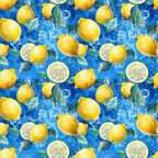 bright yellow, vibrant blue, lemon pattern, citrus fruits, lemon slices, green leaves, water bubbles, splash effect, watercolor style, repeating pattern,, fabric panel, fresh citrus, summer theme, bright colors, fruit motif, botanical elements, cheerful design, kitchen theme