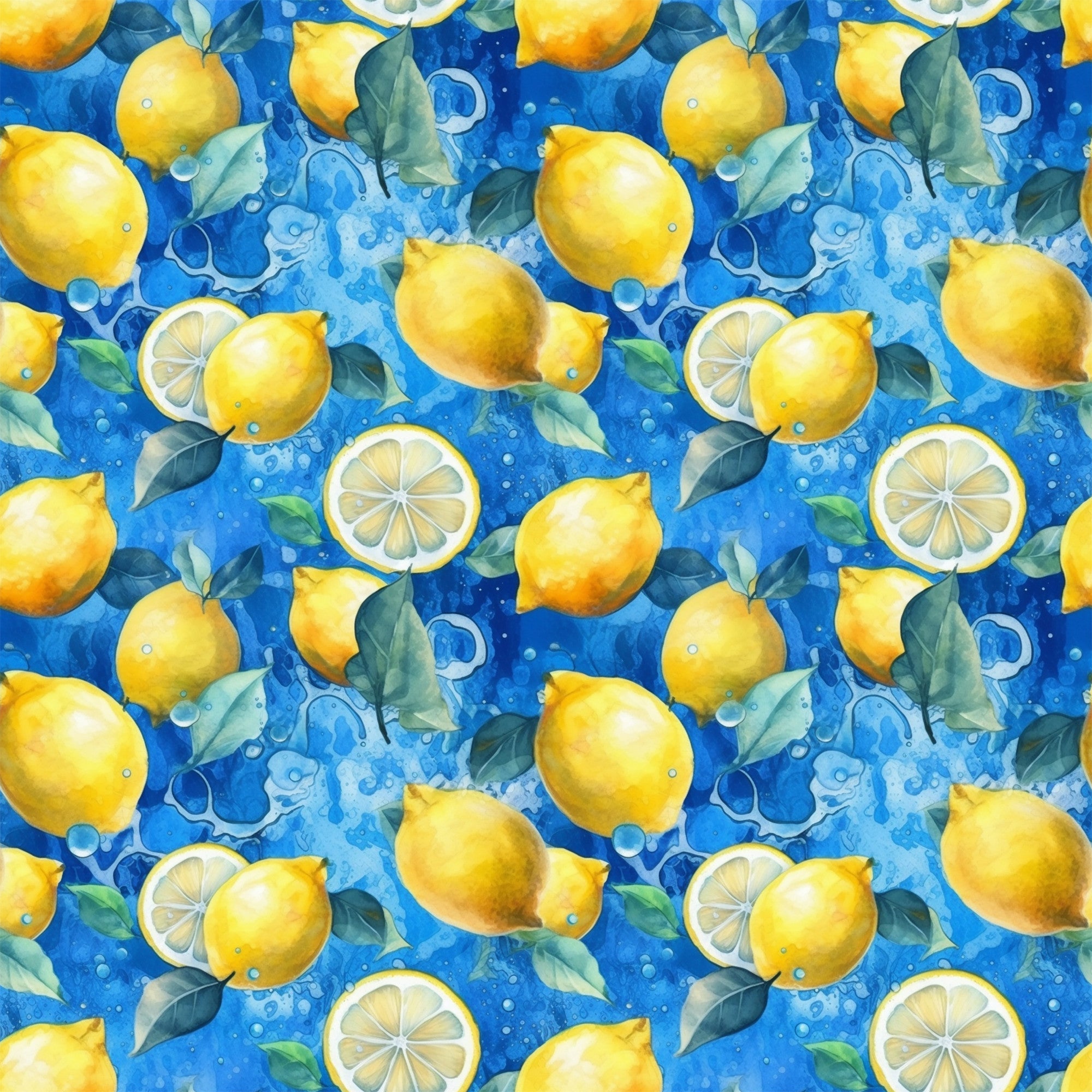 bright yellow, vibrant blue, lemon pattern, citrus fruits, lemon slices, green leaves, water bubbles, splash effect, watercolor style, repeating pattern,, fabric panel, fresh citrus, summer theme, bright colors, fruit motif, botanical elements, cheerful design, kitchen theme