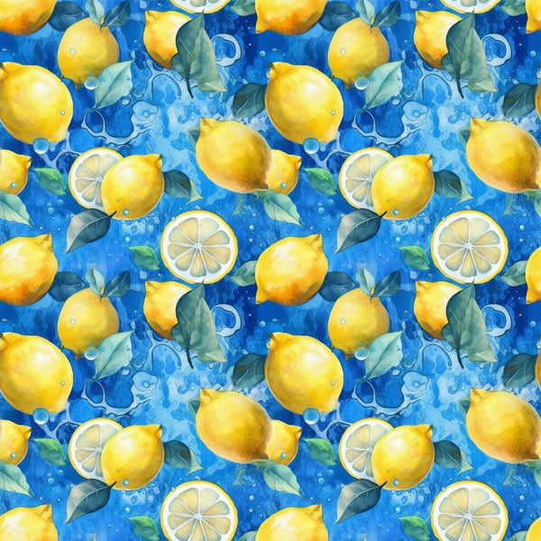 bright yellow, vibrant blue, lemon pattern, citrus fruits, lemon slices, green leaves, water bubbles, splash effect, watercolor style, repeating pattern,, fabric panel, fresh citrus, summer theme, bright colors, fruit motif, botanical elements, cheerful design, kitchen theme