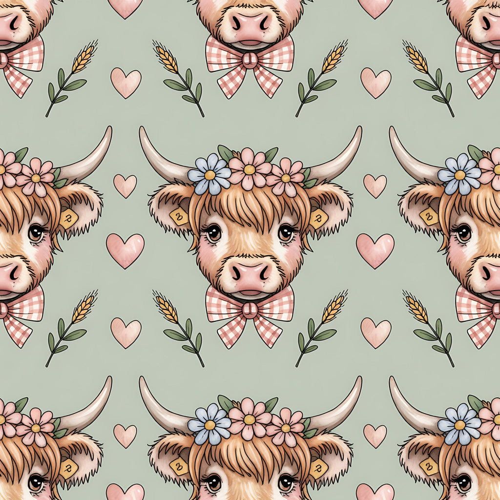 highland cow, cow heads, horns, floral crown, gingham bow tie, pink hearts, wheat stalks, sage green background, pastoral pattern, farm animals, cottagecore aesthetic, repeating design,, fabric panel, adorable cows, country charm, botanical elements, soft pastels, cute animals, rustic theme