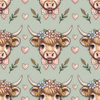 highland cow, cow heads, horns, floral crown, gingham bow tie, pink hearts, wheat stalks, sage green background, pastoral pattern, farm animals, cottagecore aesthetic, repeating design,, fabric panel, adorable cows, country charm, botanical elements, soft pastels, cute animals, rustic theme